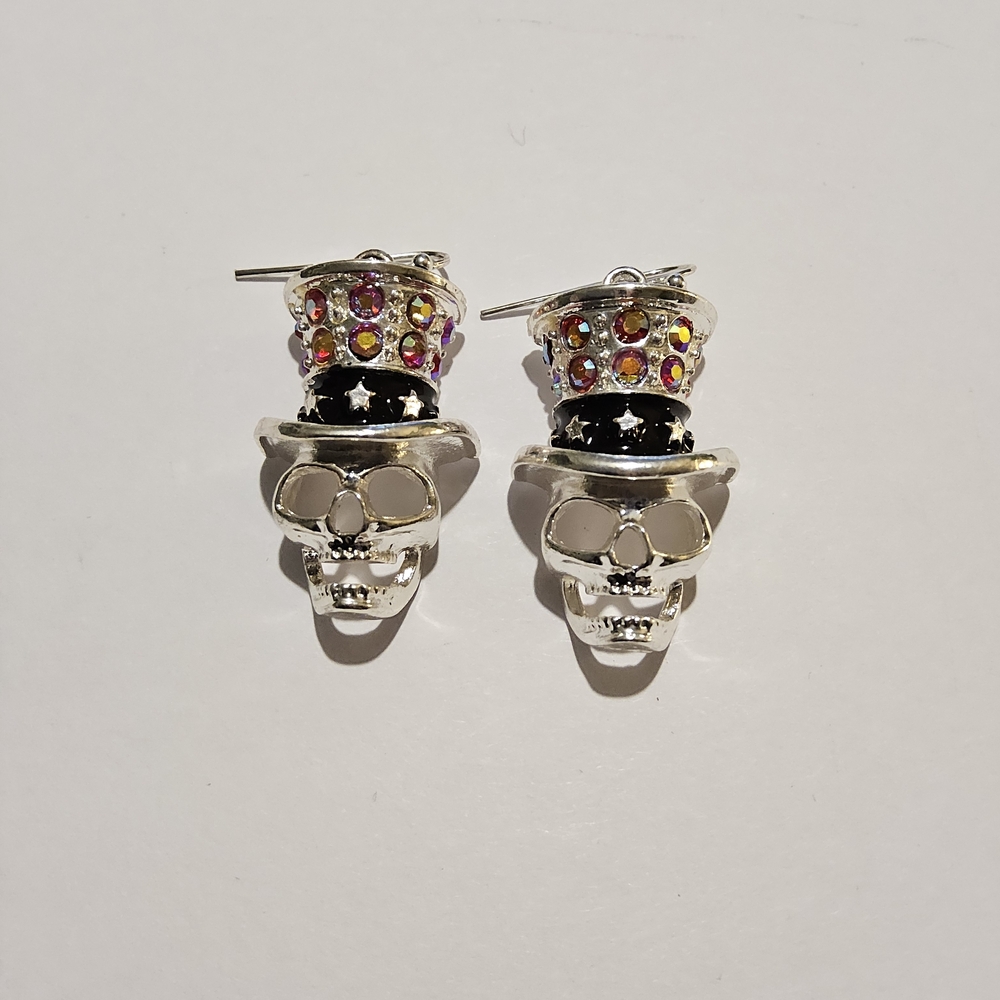 Silver Skull Earrings with Colorful Accents